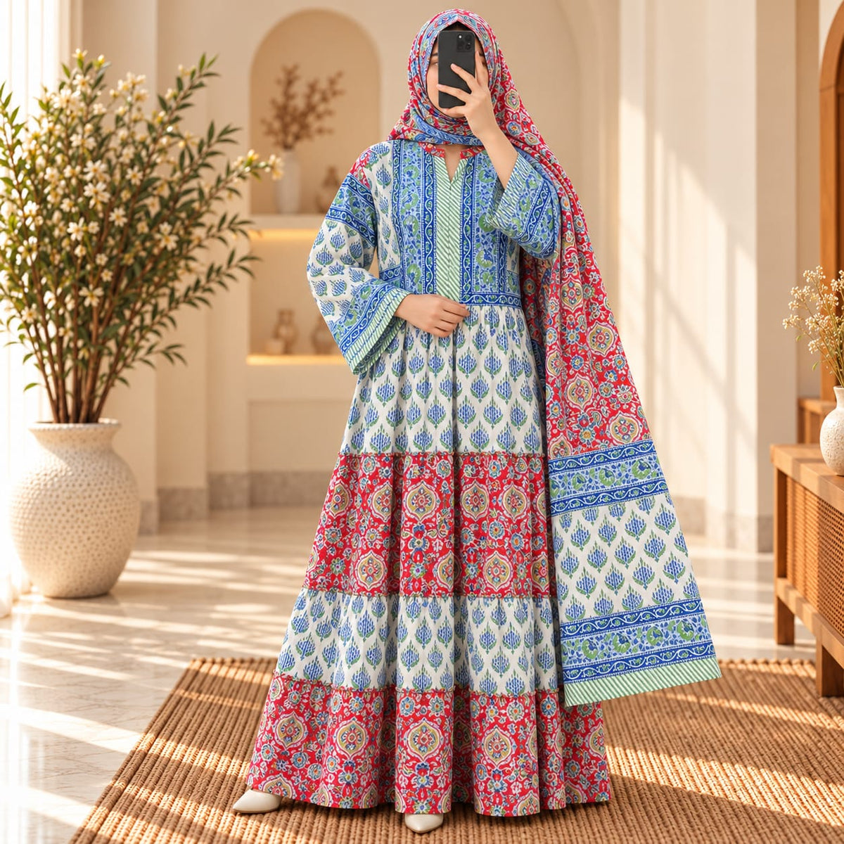L/XL Afifa Printed Cotton Dress 57" Long Jalabiya With Sheila