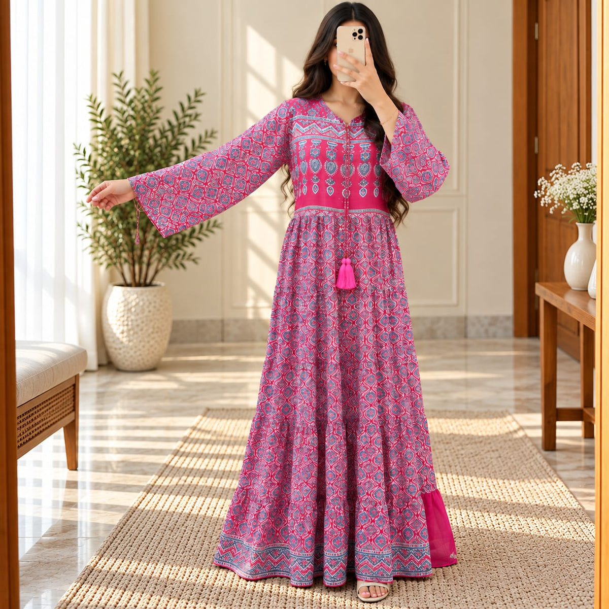 S-M Razia Printed Silk Dress 57" Long Jalabiya