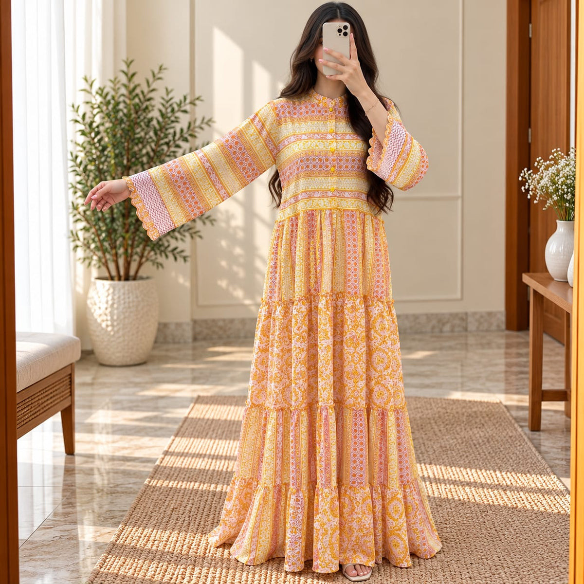 2XL-3XL Afifa Printed Cotton Long Dress Jalabiya – 57"