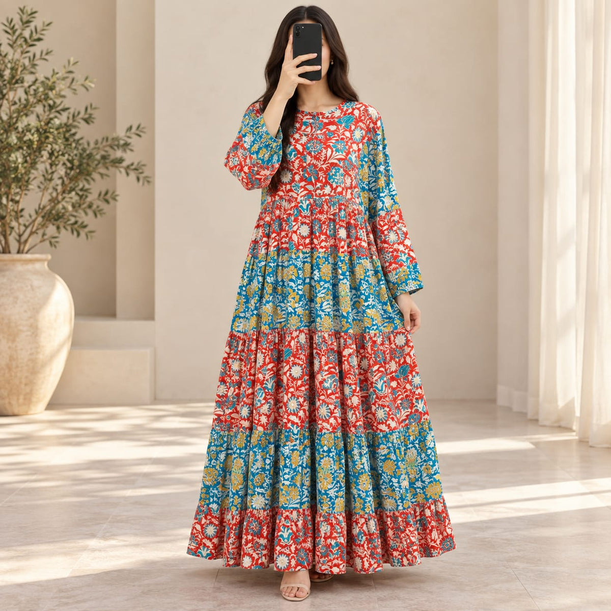 L-XL Juhi Crystal Printed Silk Long Dress Jalabiya – 57