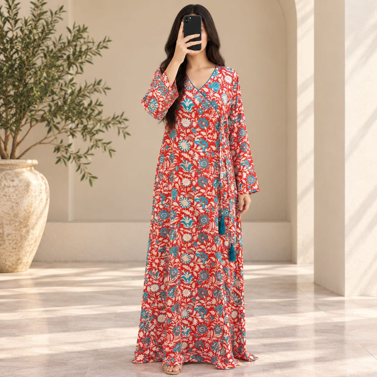 S/M Qifa Crystal Printed Silk Long Dress Jalabiya – 57