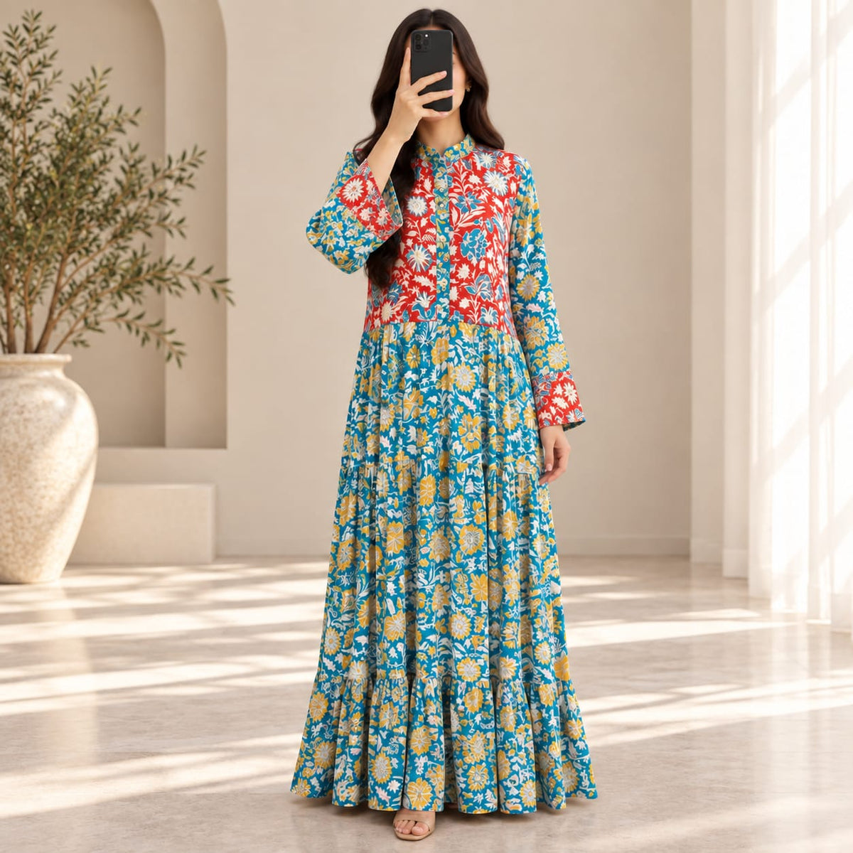 L/XL Safia Silk Crystal Printed Dress 57" Long Jalabiya