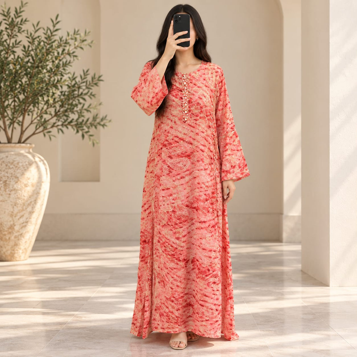 S/M Marry Printed Silk Long Dress Jalabiya – 57
