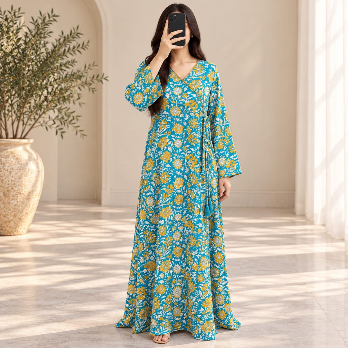 L/XL Qifa Silk Crystal Printed Dress 57" Long Jalabiya