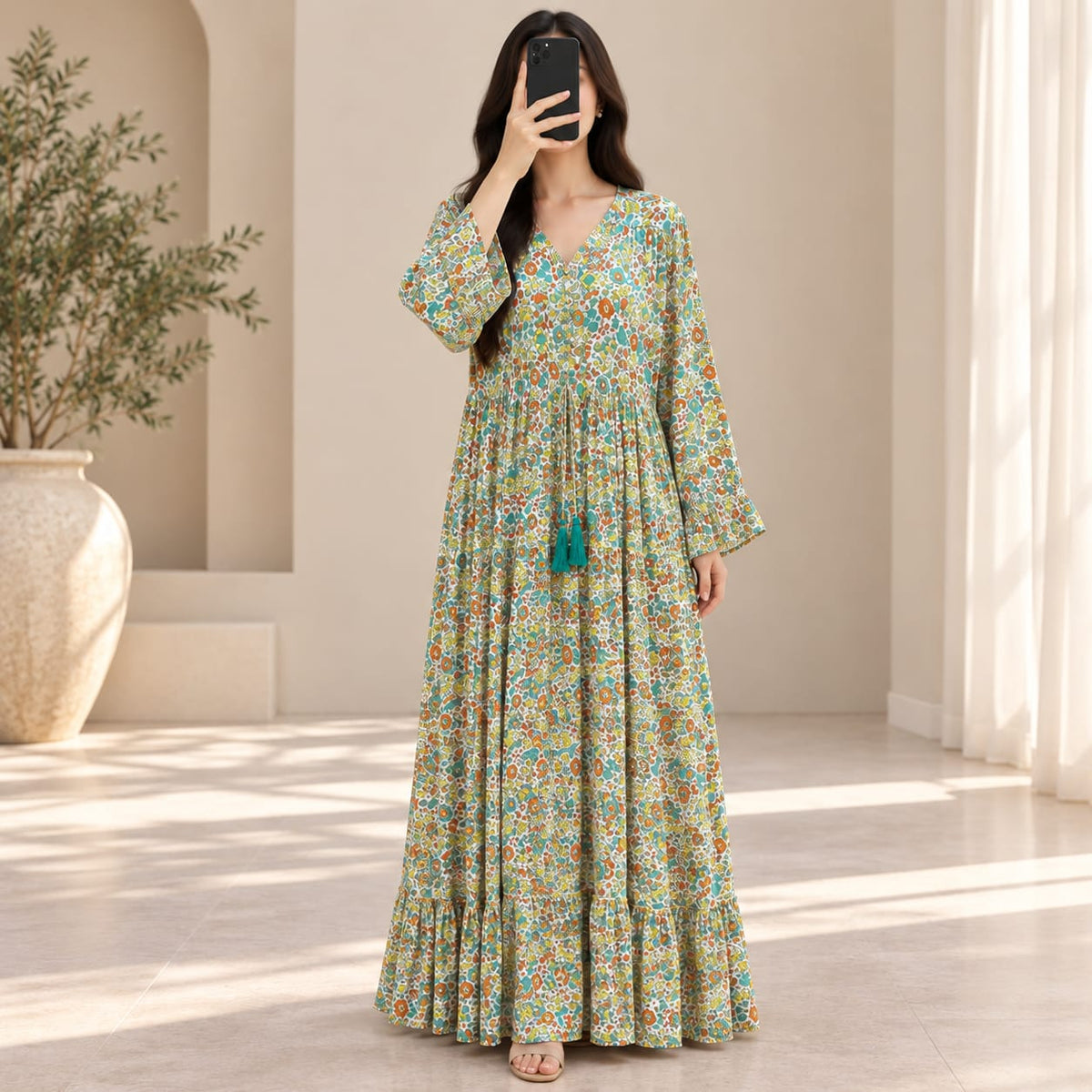 L/XL Ari Silk Crystal Printed Dress 57" Long Jalabiya