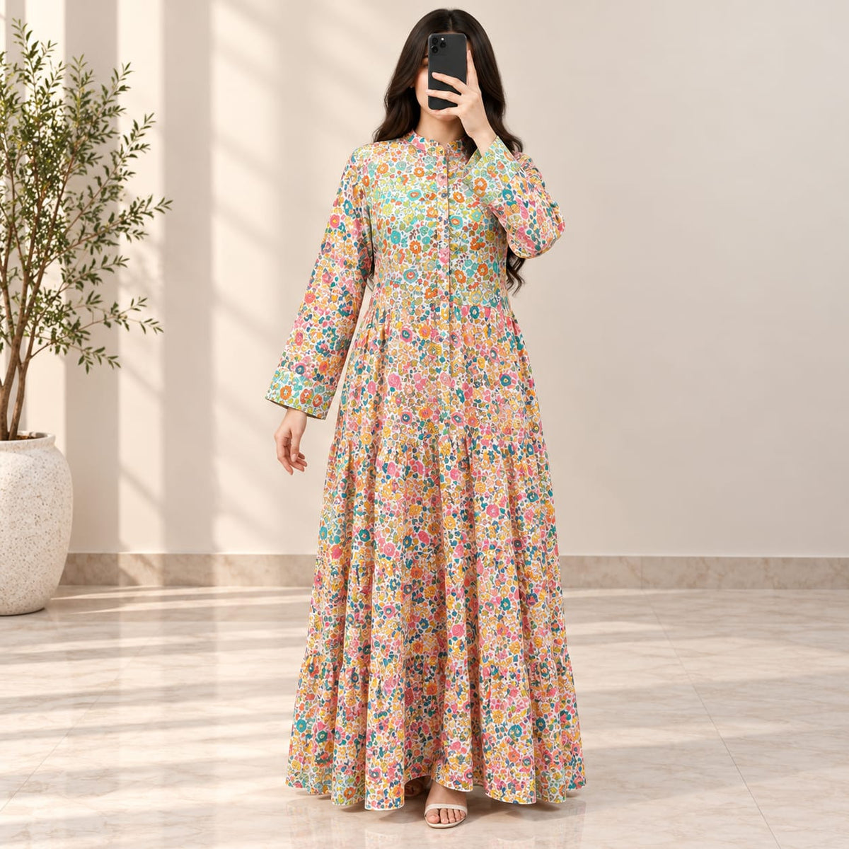 S/M Safia Silk Printed Long Dress Jalabiya – 57