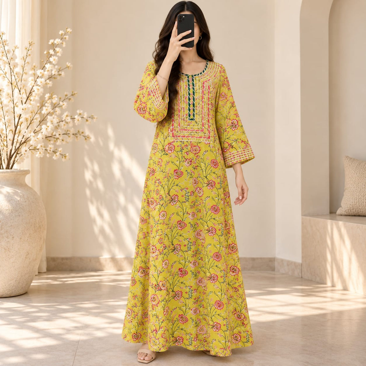 L/XL Harisa Printed Cotton Long Dress Jalabiya – 57