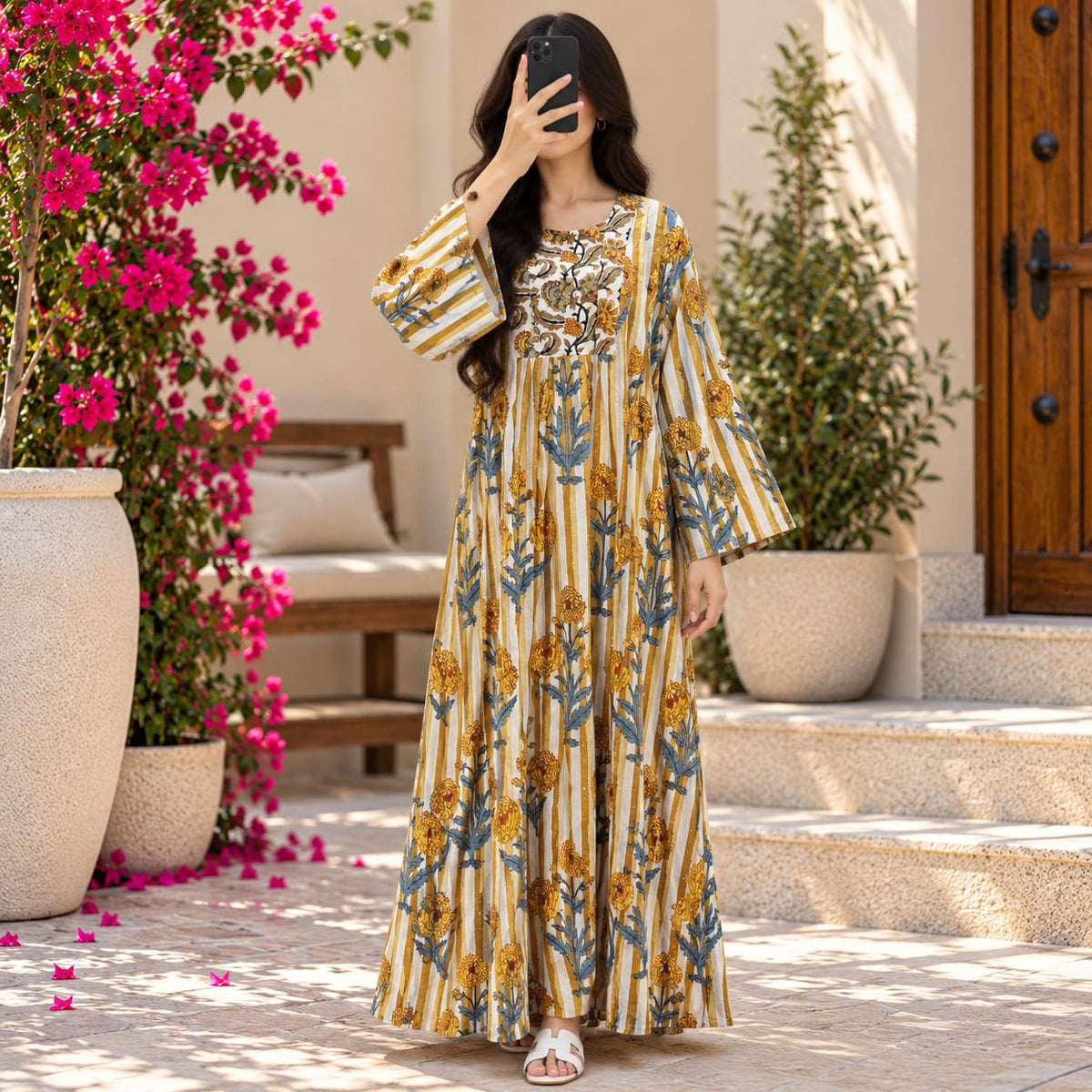 L-XL Rania Crystal Printed Cotton Dress 57" Long Jalabiya