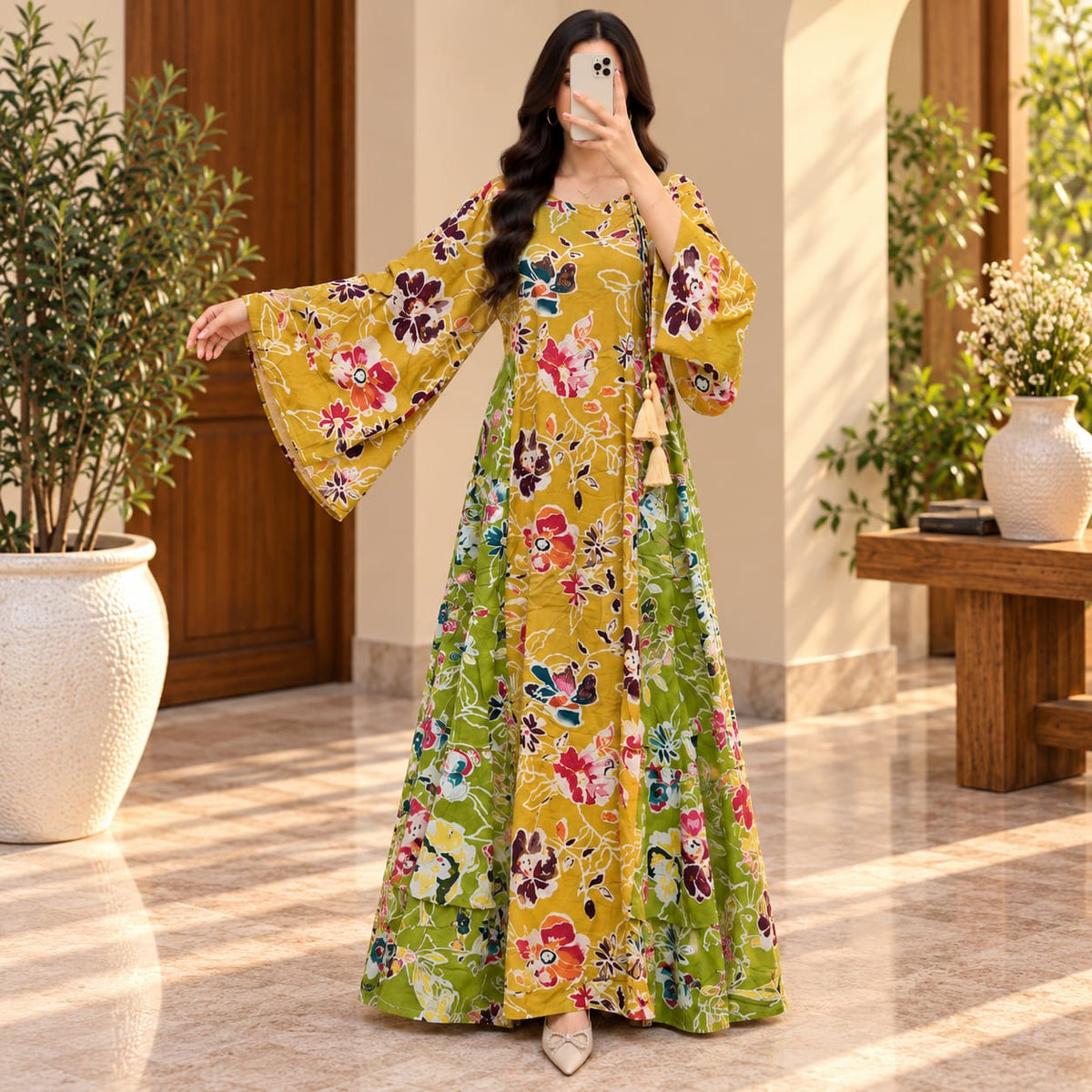 XS-S Cinderella Printed Cotton Dress 54" Long Jalabiya