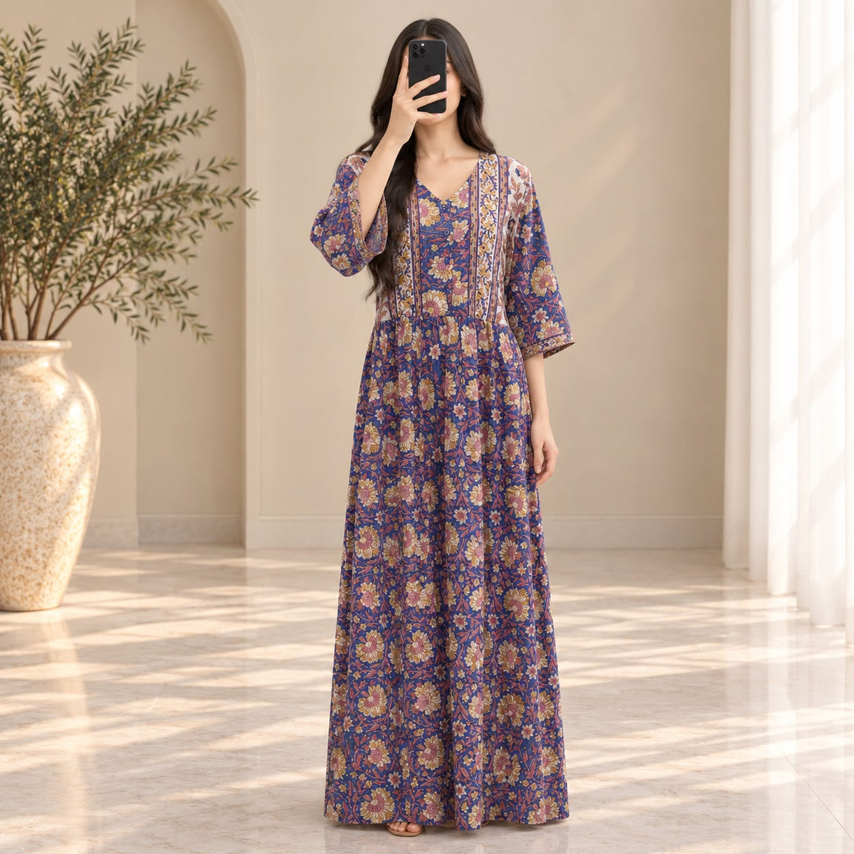 S/M Rahaf Crystal Printed Cotton Dress 57" Long Jalabiya