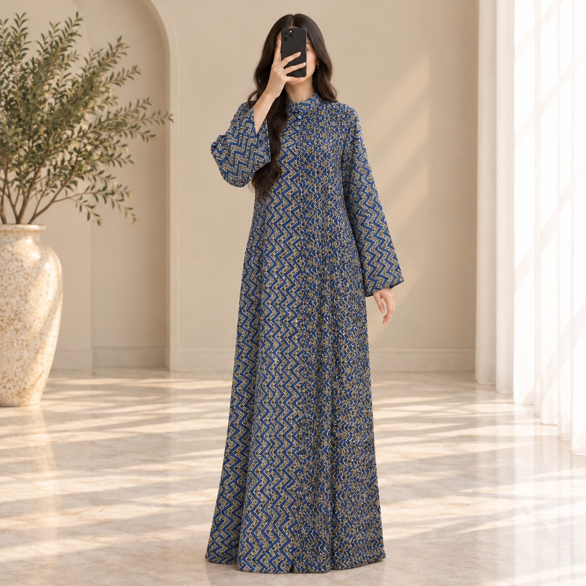 S-M Shyla Crystal Printed Cotton Dress 57" Long Jalabiya