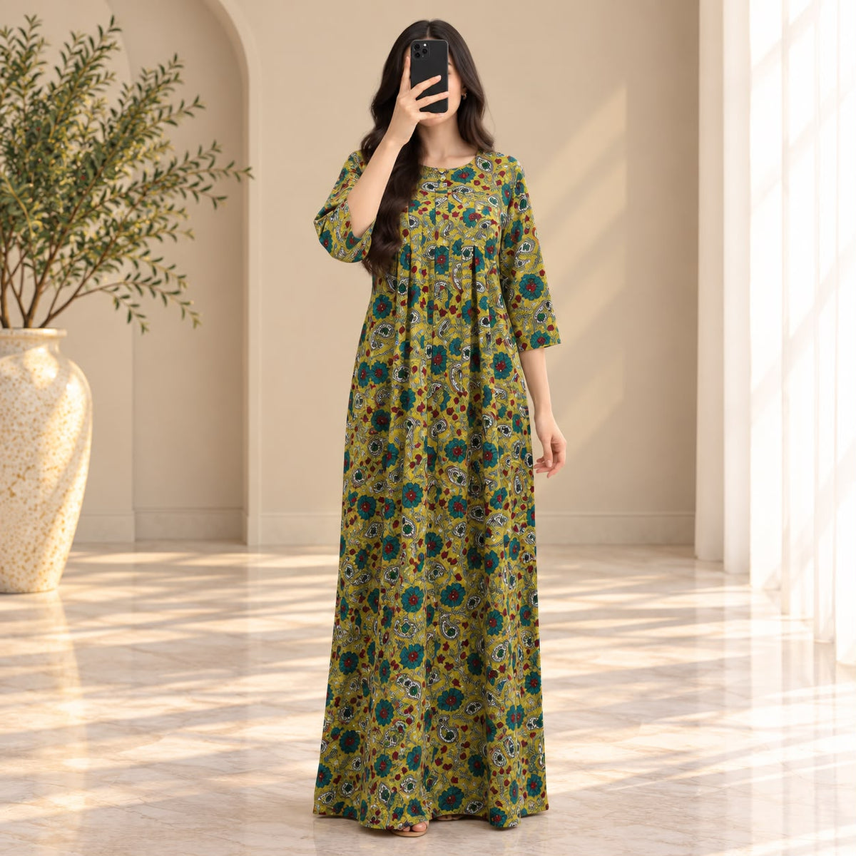 S/M Nahla Crystal Printed Cotton Long Dress Jalabiya – 57