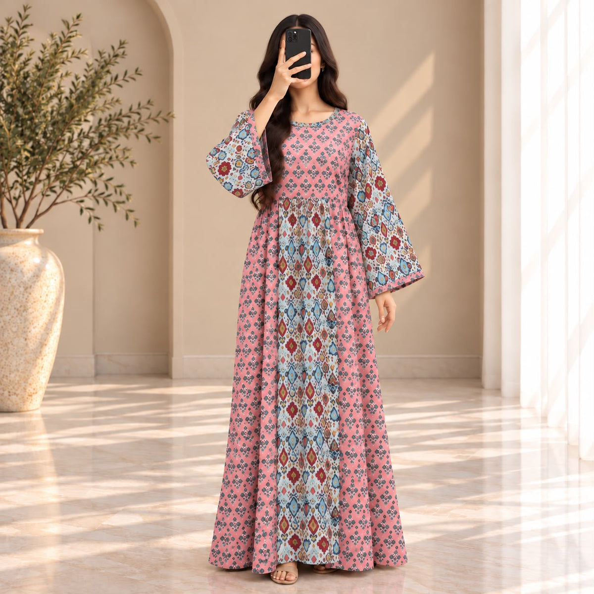 S-M Heba Crystal Printed Cotton Dress 57" Long Jalabiya