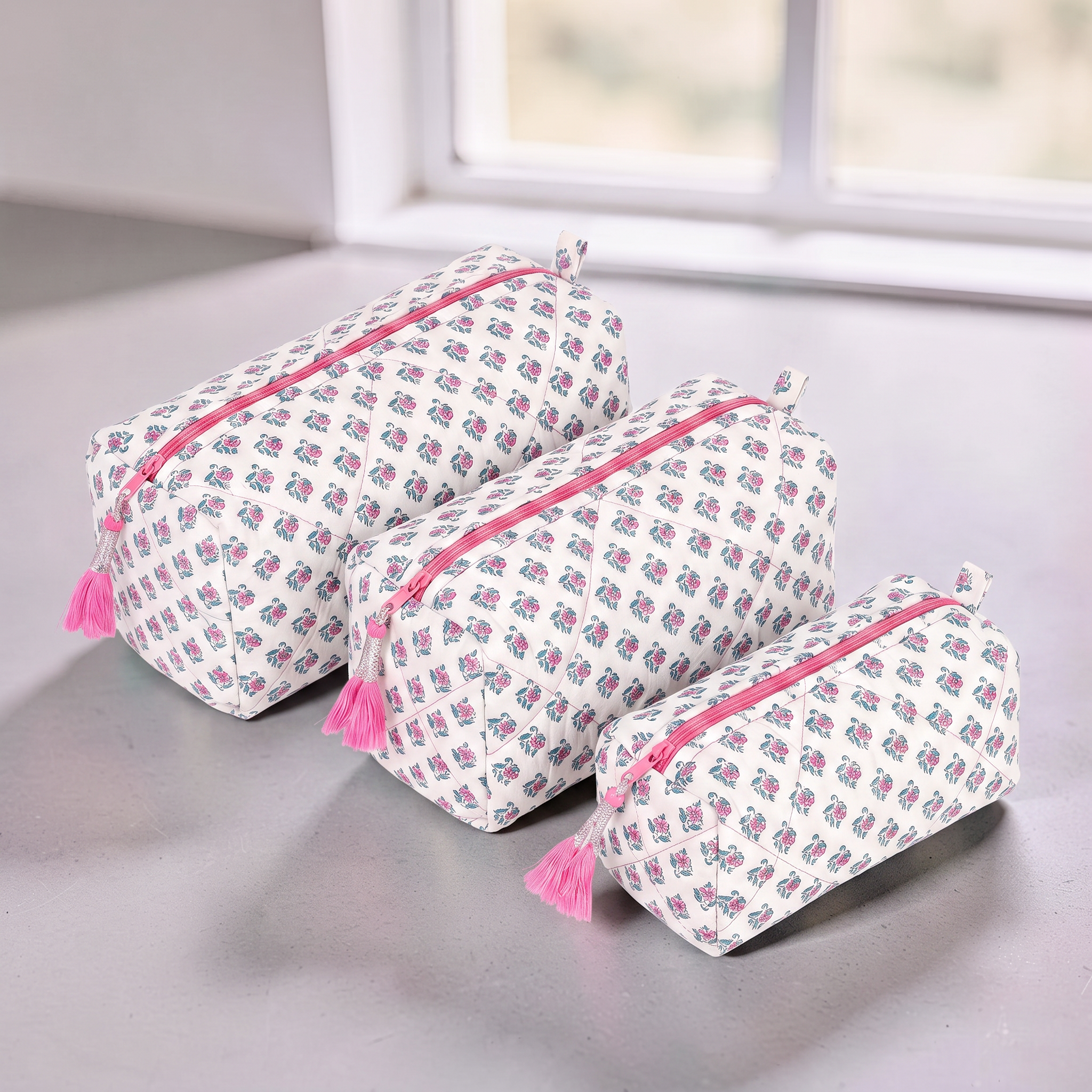 Cotton Printed 3 Pcs Cosmetic Bag Set With Zipper