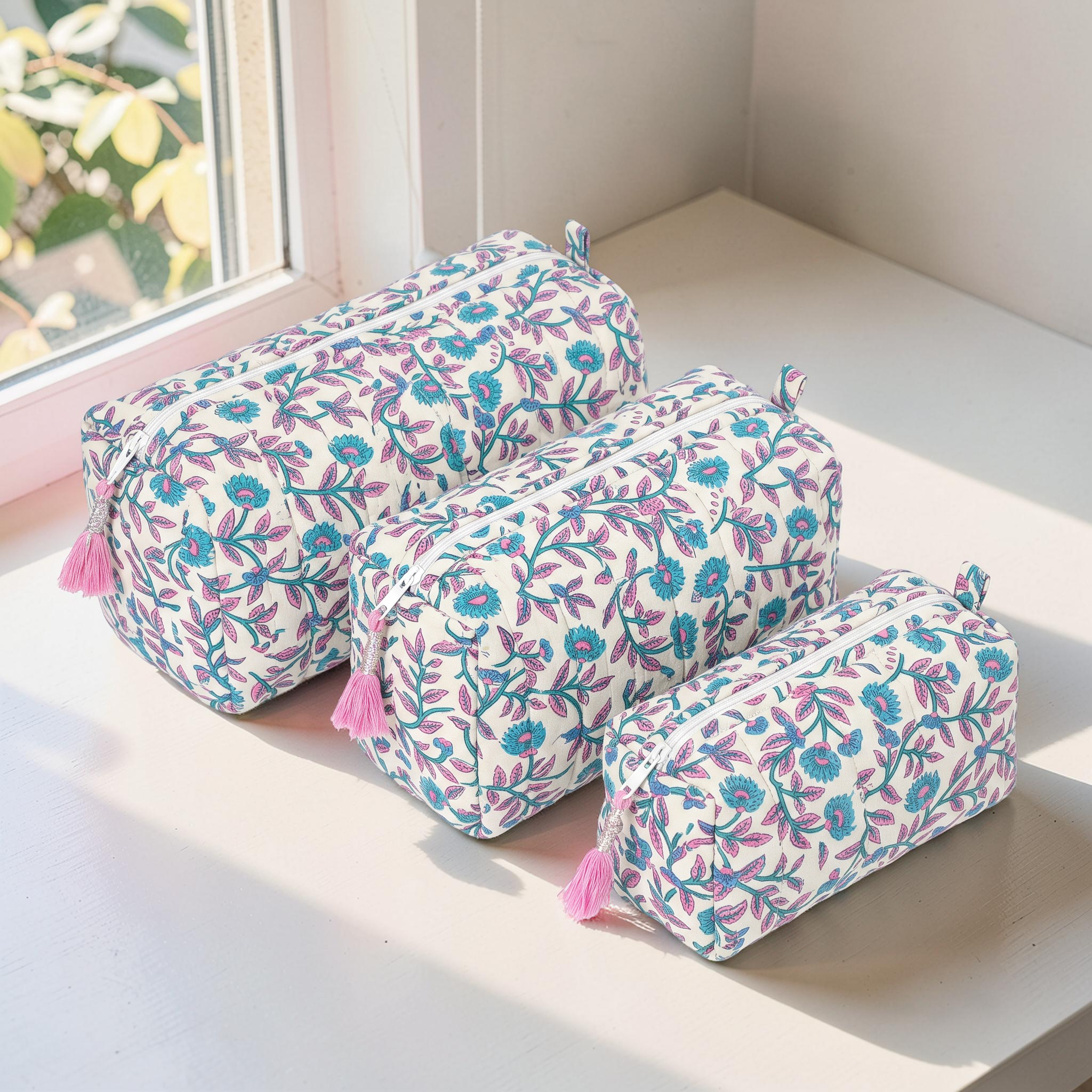Cotton Printed 3 Pcs Cosmetic Bag Set With Zipper