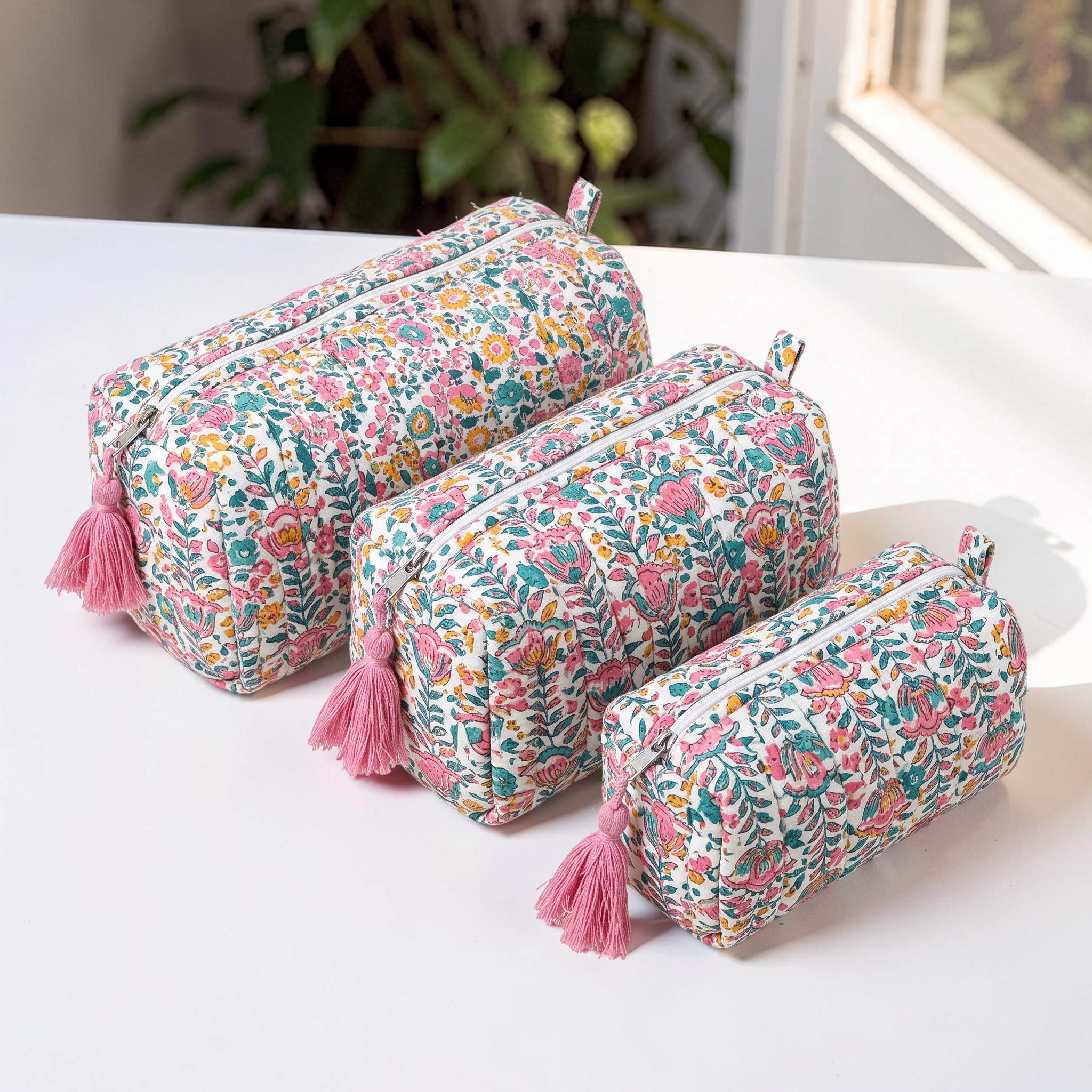 Cotton Printed 3 Pcs Cosmetic Bag Set With Zipper