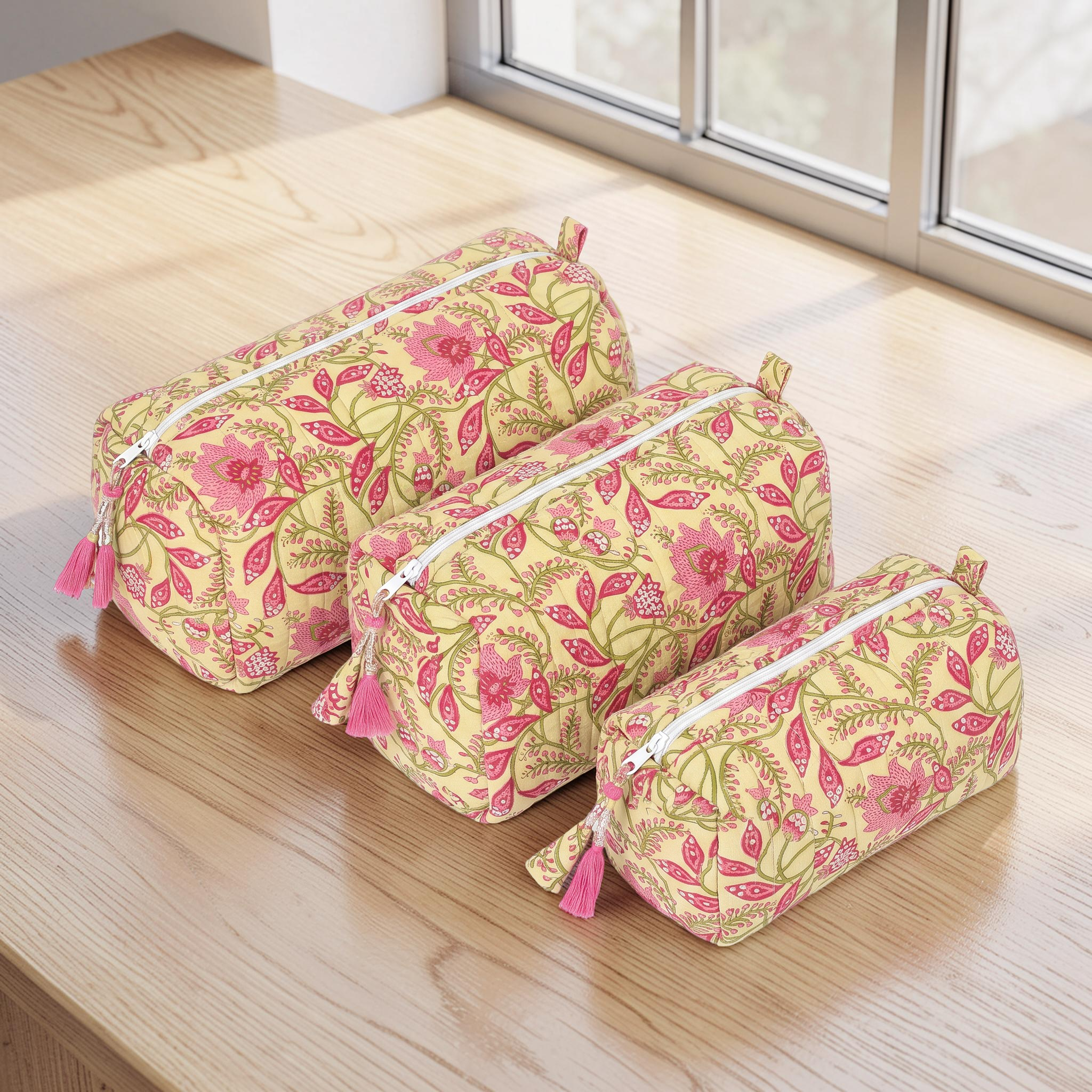 Cotton Printed 3 Pcs Cosmetic Bag Set With Zipper