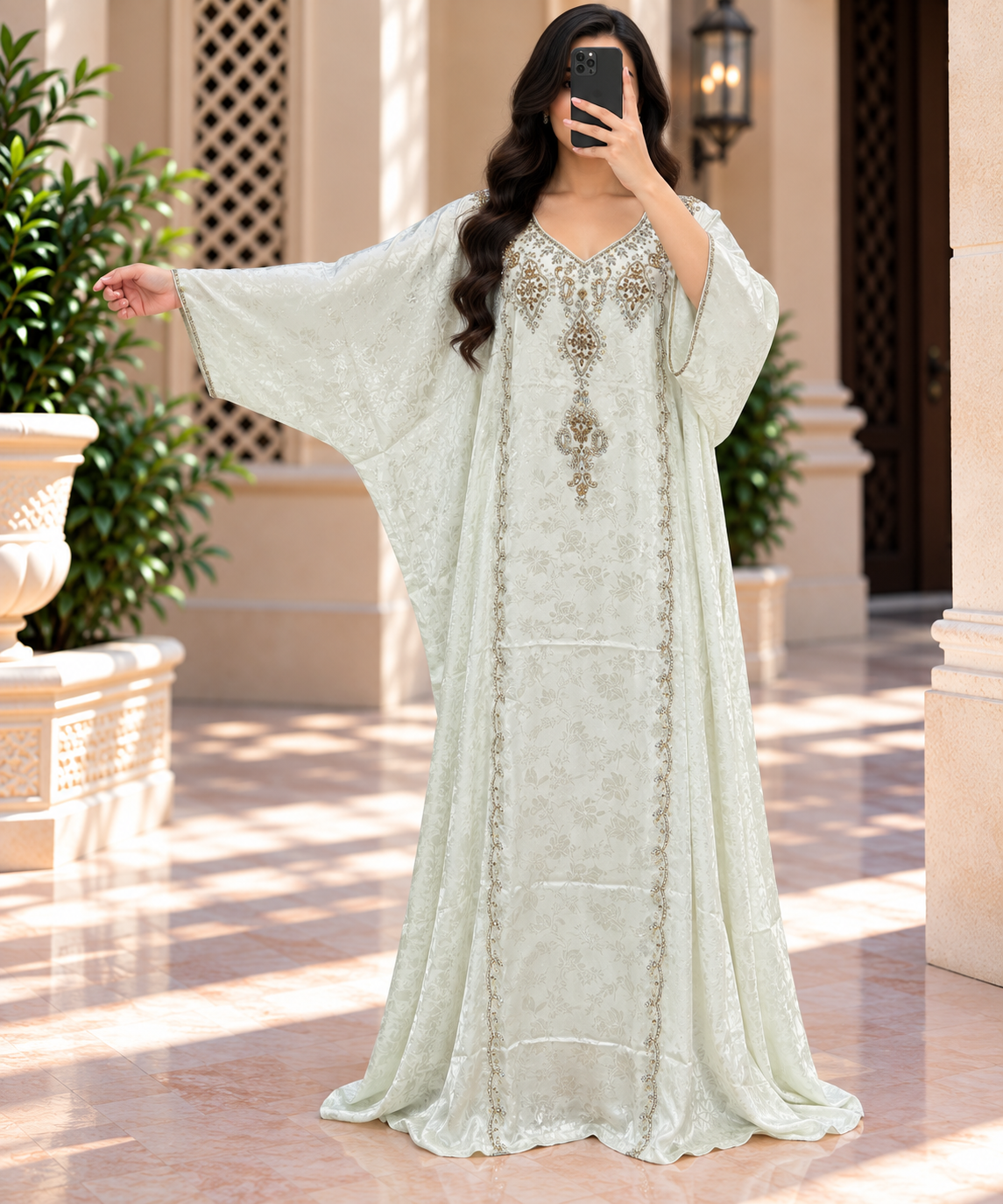 Luxury Silk Jacquard Abaya | Elegant Embroidered Free-Size