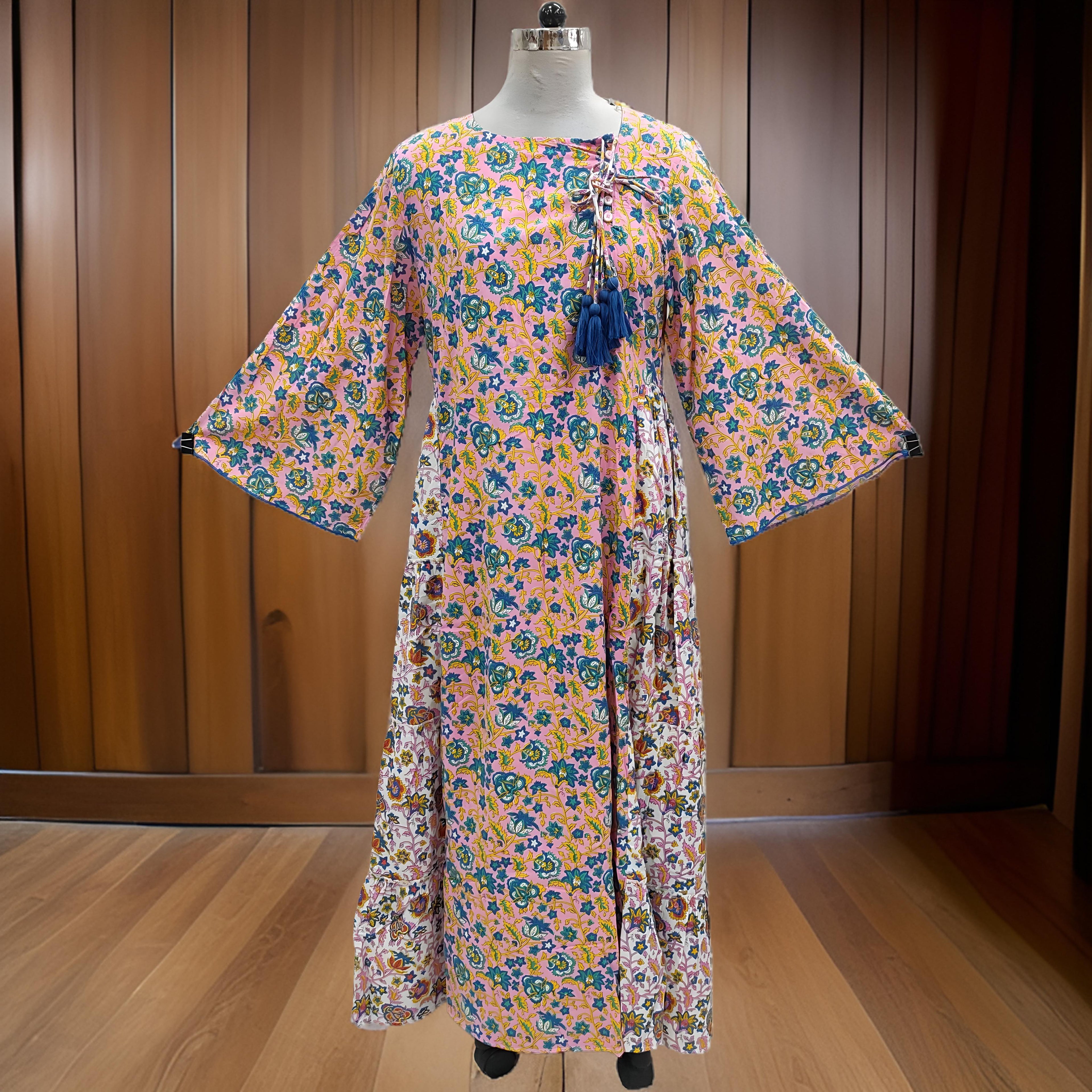 S/M Cindrella Pink Printed Cotton Dress 57" Long Jalabiya