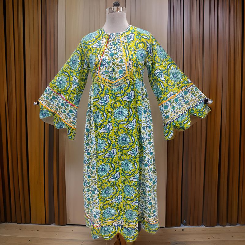 S/M Esah Printed Cotton Dress 57" Long Jalabiya