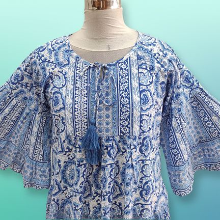 L/XL Gaby Crystal Blue Printed Cotton Dress 57" Long Jalabiya