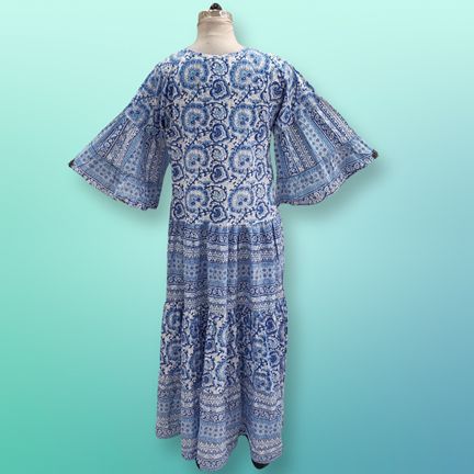 L/XL Gaby Crystal Blue Printed Cotton Dress 57" Long Jalabiya