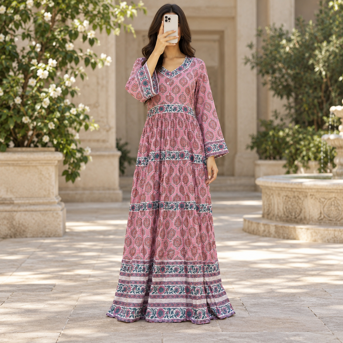 S/M Huda Crystal Printed Cotton Long Dress Jalabiya – 57