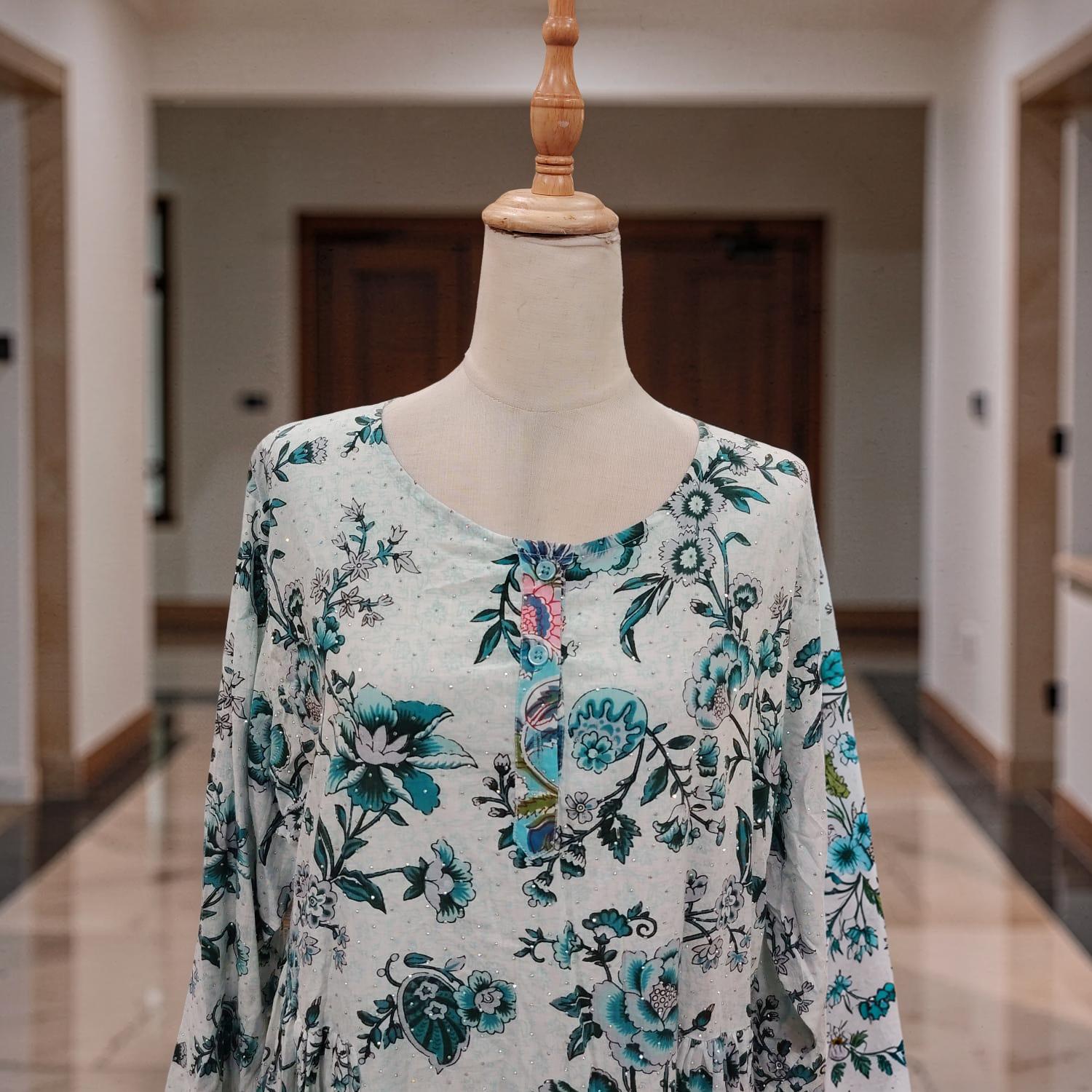 S/M Jasmine Crystal Printed Cotton Dress 57" Long Jalabiya