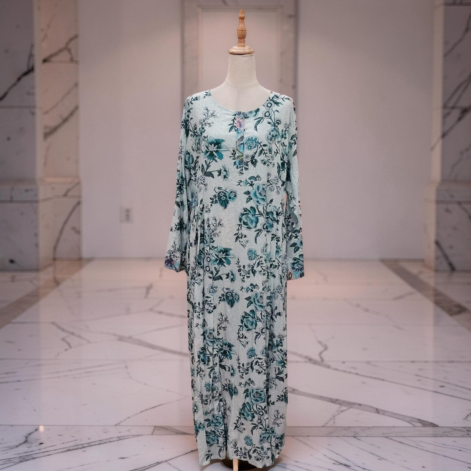 S/M Jasmine Crystal Printed Cotton Dress 57" Long Jalabiya