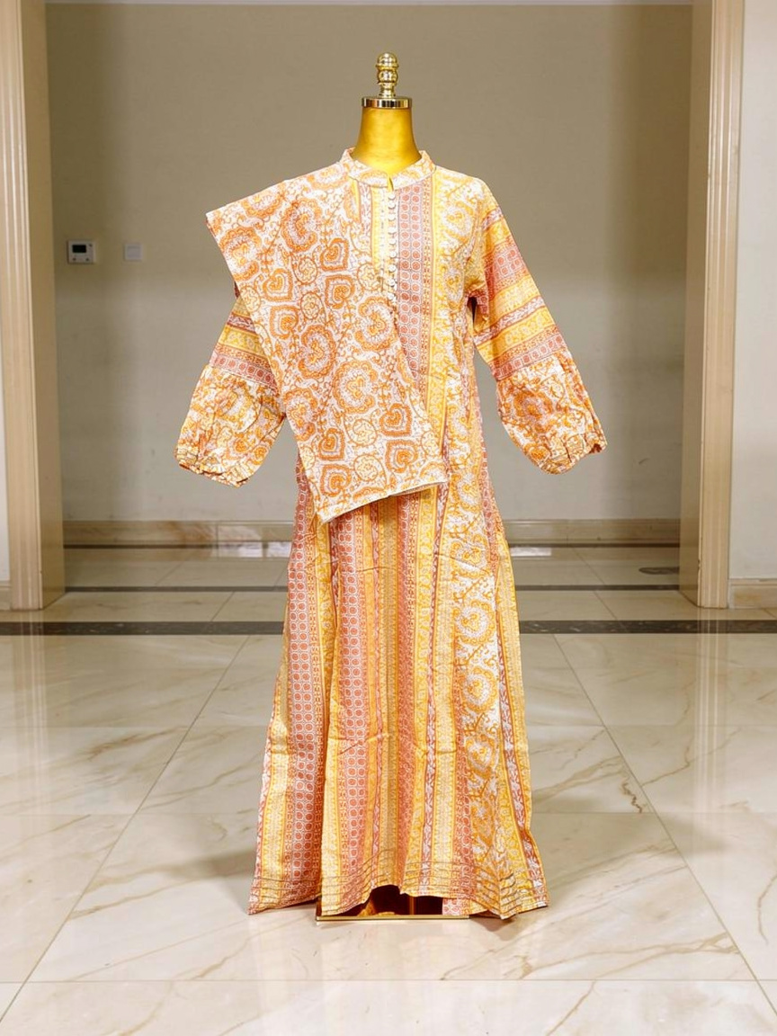 S-M AMRA  Printed Cotton Dress 57" Long Jalabiya