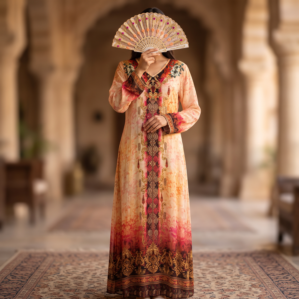 S Digital Dress Printed Poly Silk Hand Crystal 57" Long Jalabiya