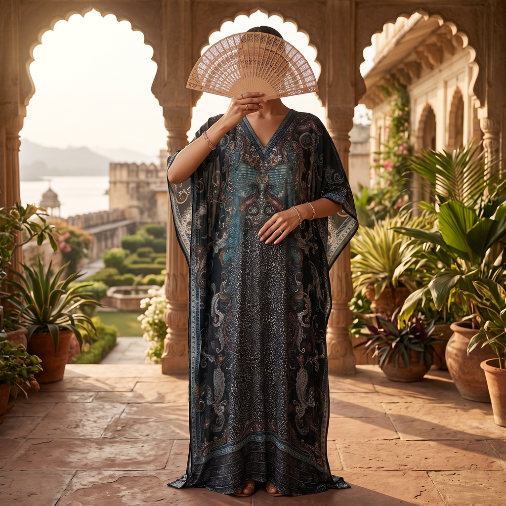 L Digital Dress Kaftan Printed Silky Hand Crystal 56" Long Jalabiya
