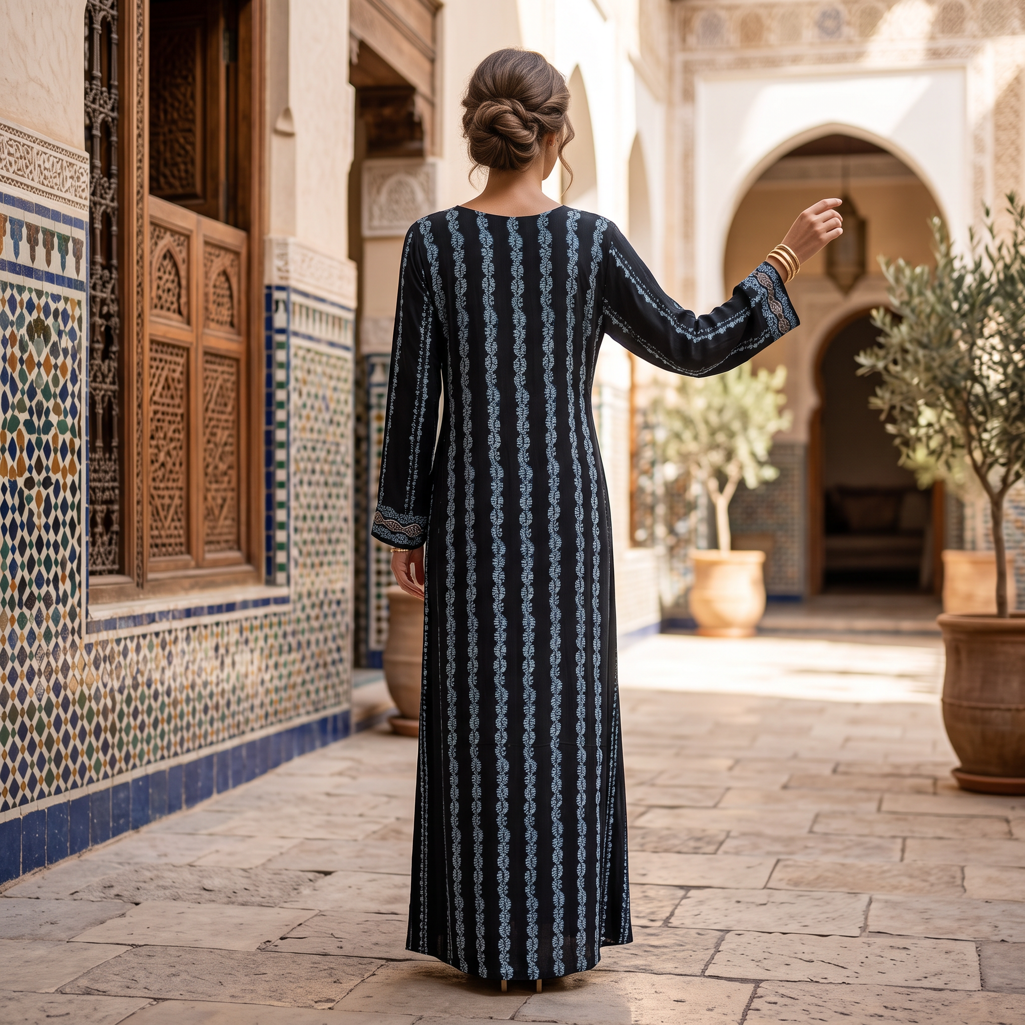S Digital Dress Printed Poly Silk Hand Crystal 59" Long Jalabiya