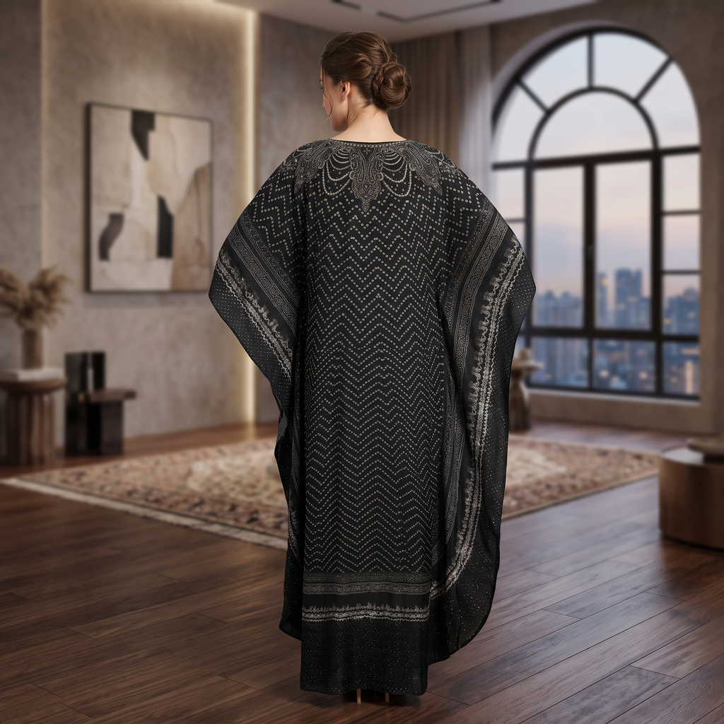 L-XL Digital Dress Printed Poly Silk Hand Crystal 58" Long Jalabiya