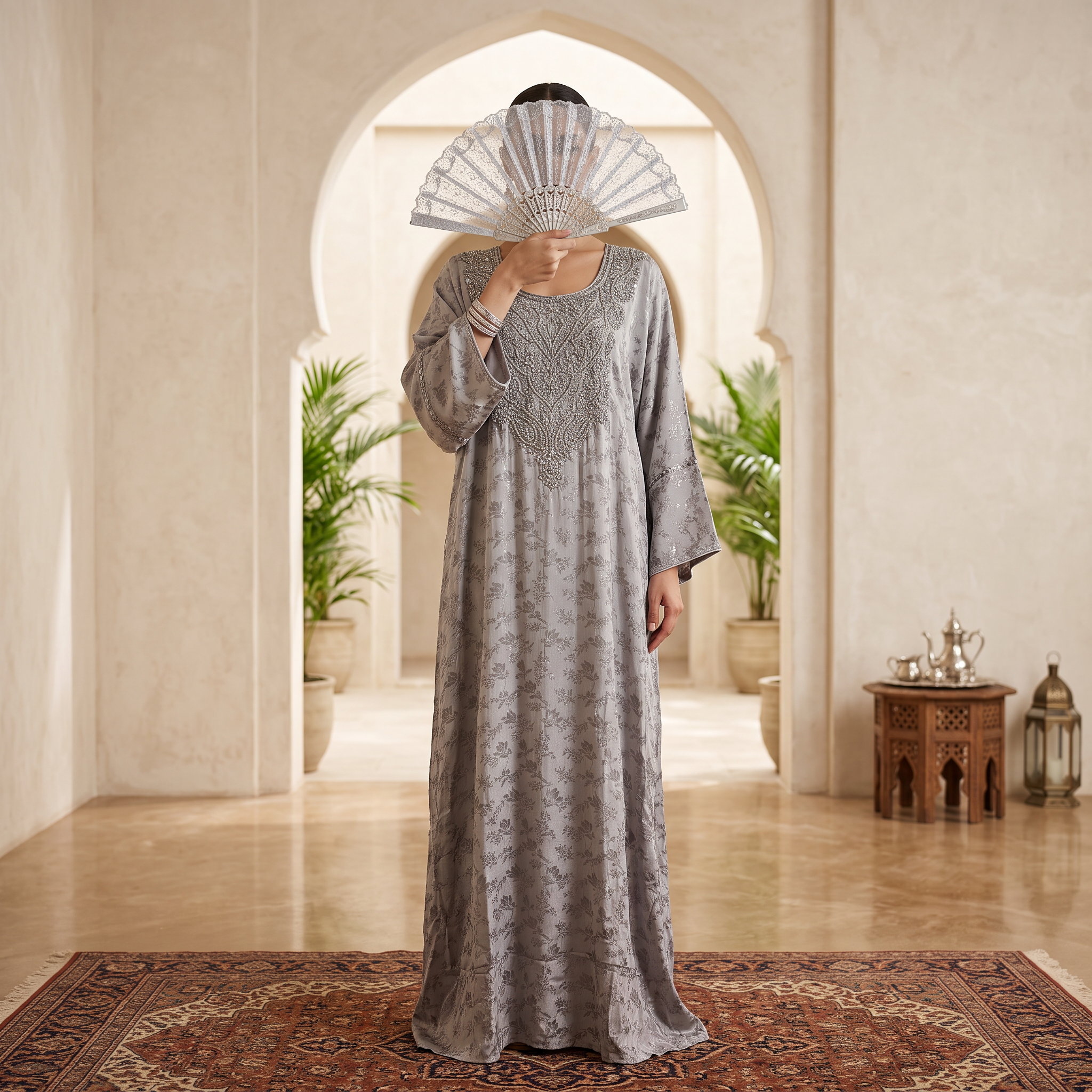Silky Jacquard Kaftan Elegant Free-Size Luxury Abaya