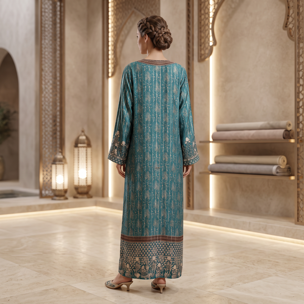XXL Digital Dress Printed Poly Silk Hand Crystal 60" Long Jalabiya