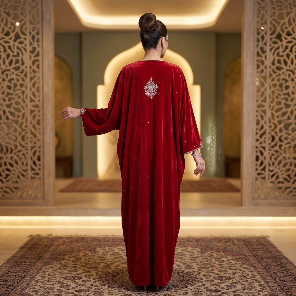 Free Size Royal Burgundy Velvet Crystal Kaftan – 60 Inches Length