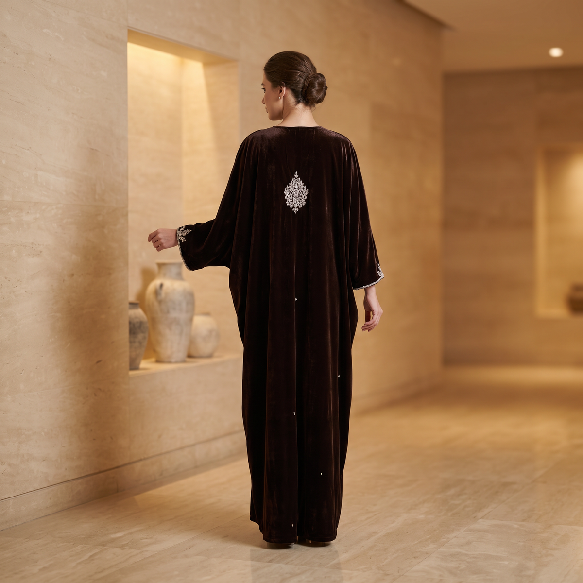 Free Size Royal Burgundy Velvet Crystal Kaftan – 60 Inches Length