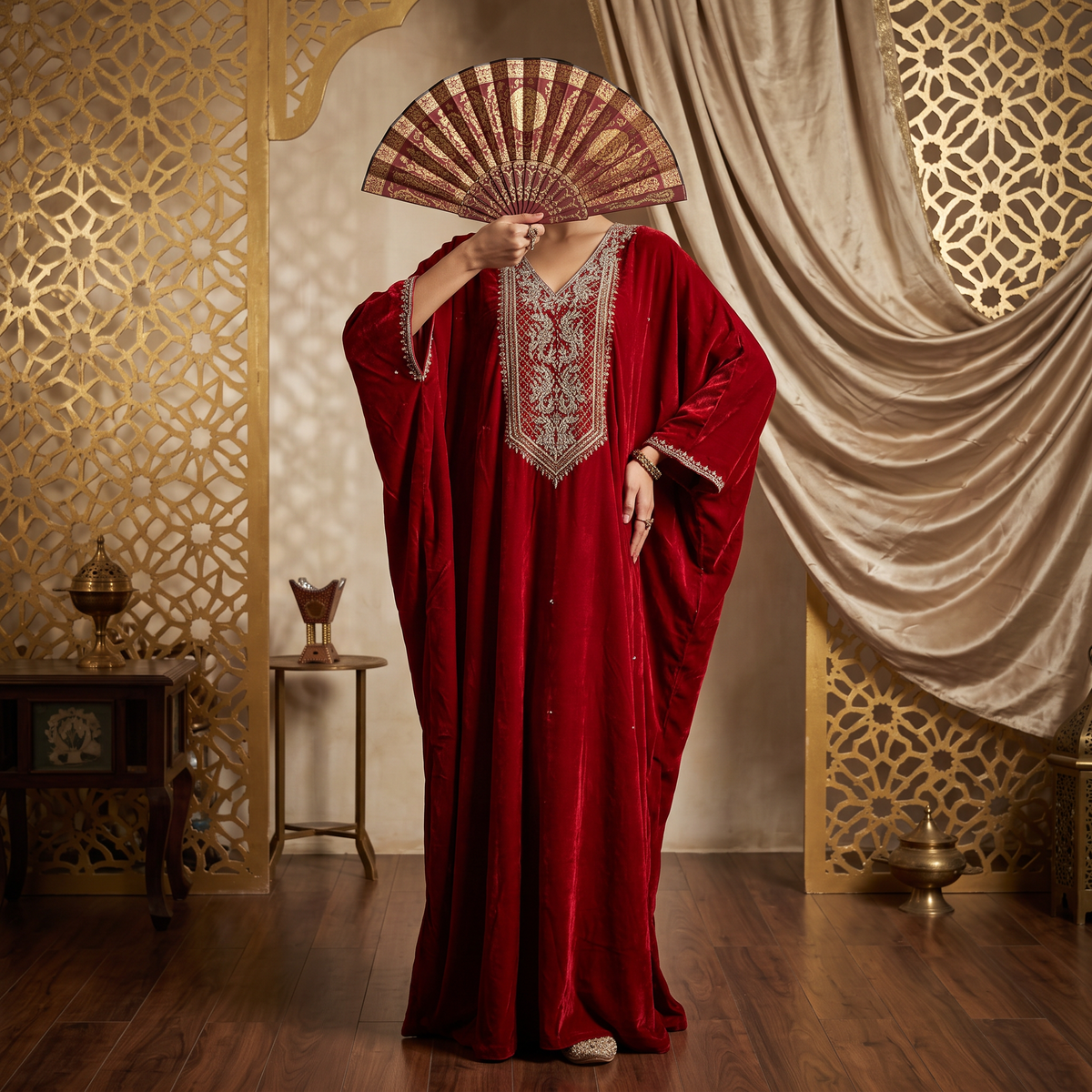 Free Size Royal Burgundy Velvet Crystal Kaftan – 60 Inches Length