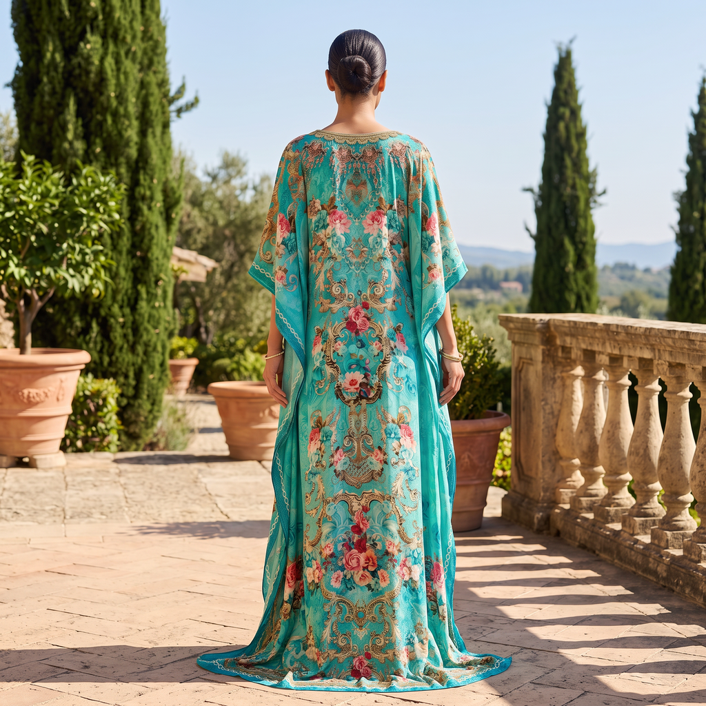 Free Size Digital Dress Kaftan Printed Pure Silk Hand Crystal 59" Long Jalabiya