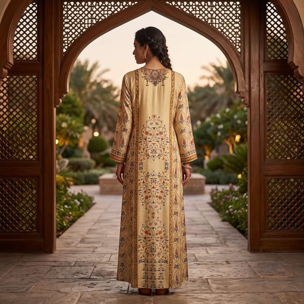 S Digital Dress Printed Poly Silk Hand Crystal 55" Long Jalabiya
