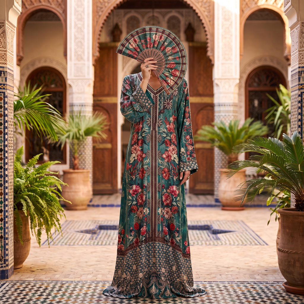 XXL Digital Dress Printed Poly Silk Hand Crystal 60" Long Jalabiya