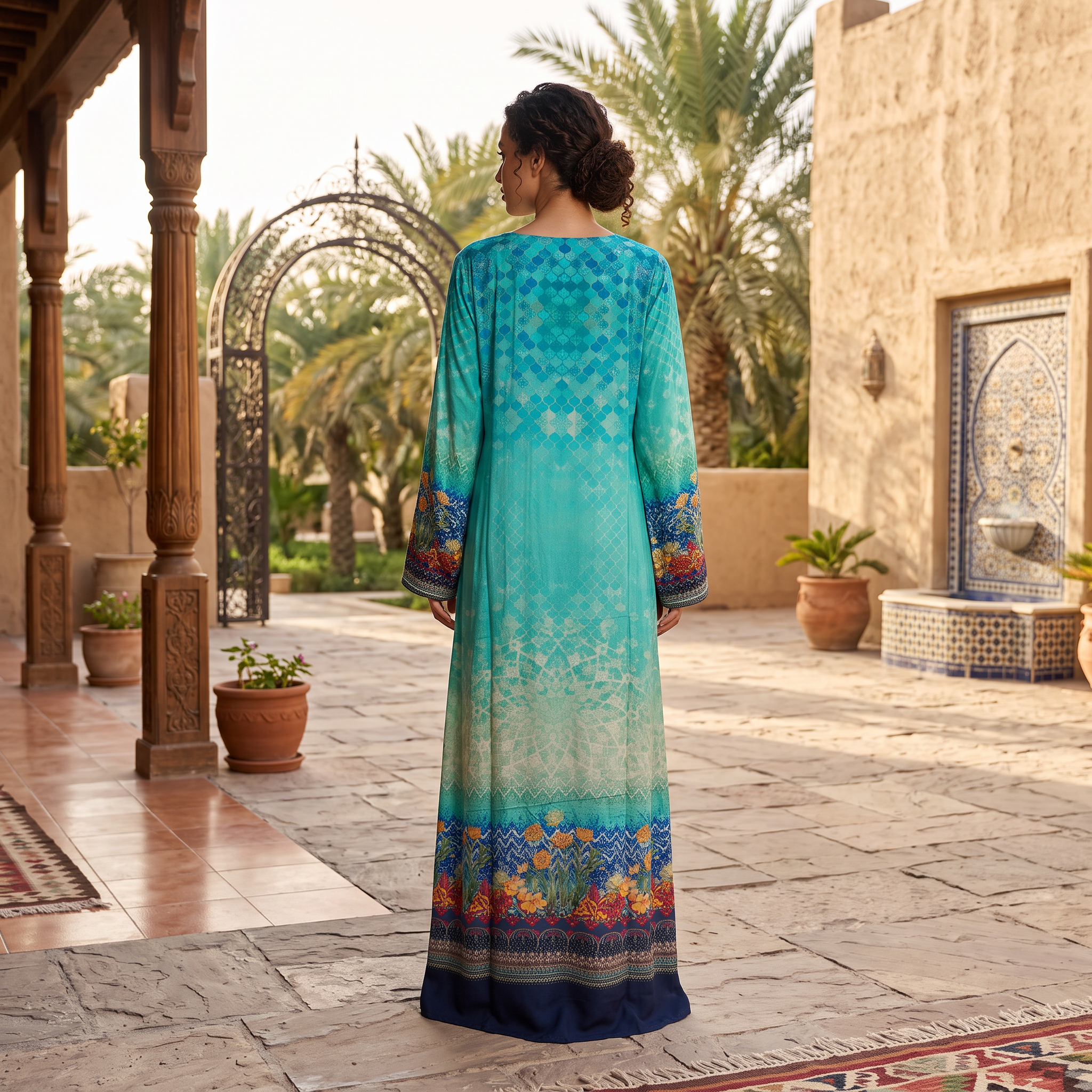 XXL Digital Dress Printed Silky Hand Crystal 63" Long Jalabiya