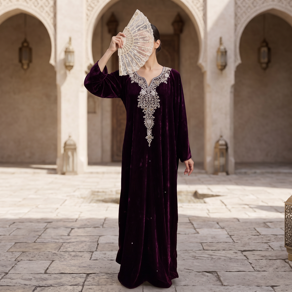Free Size Royal Burgundy Velvet Crystal Kaftan – 60 Inches Length