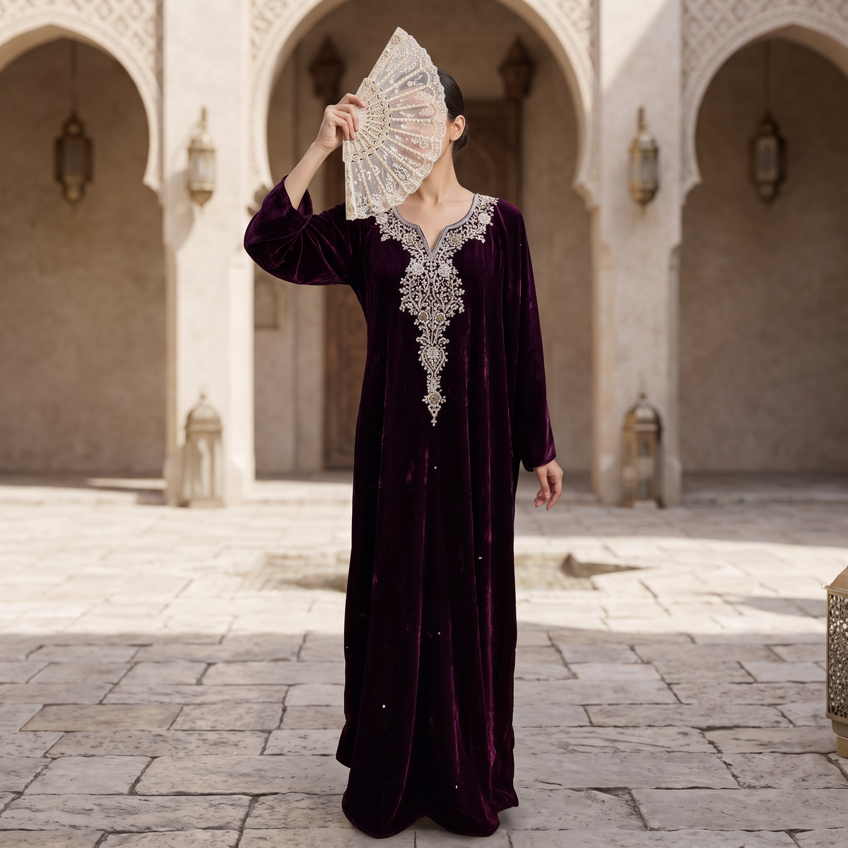 Free Size Royal Burgundy Velvet Crystal Kaftan – 60 Inches Length