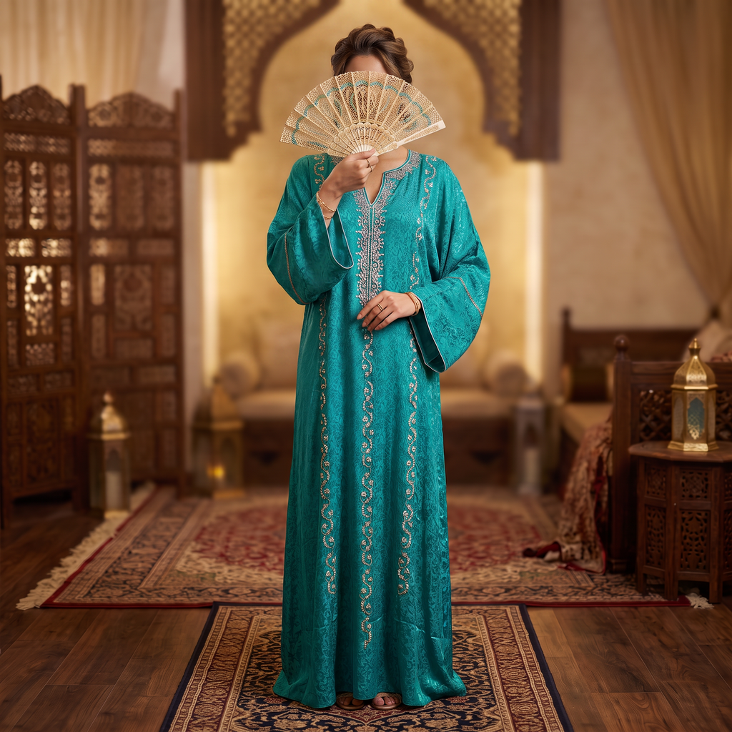 Silky Jacquard Kaftan Elegant Free-Size Luxury Abaya