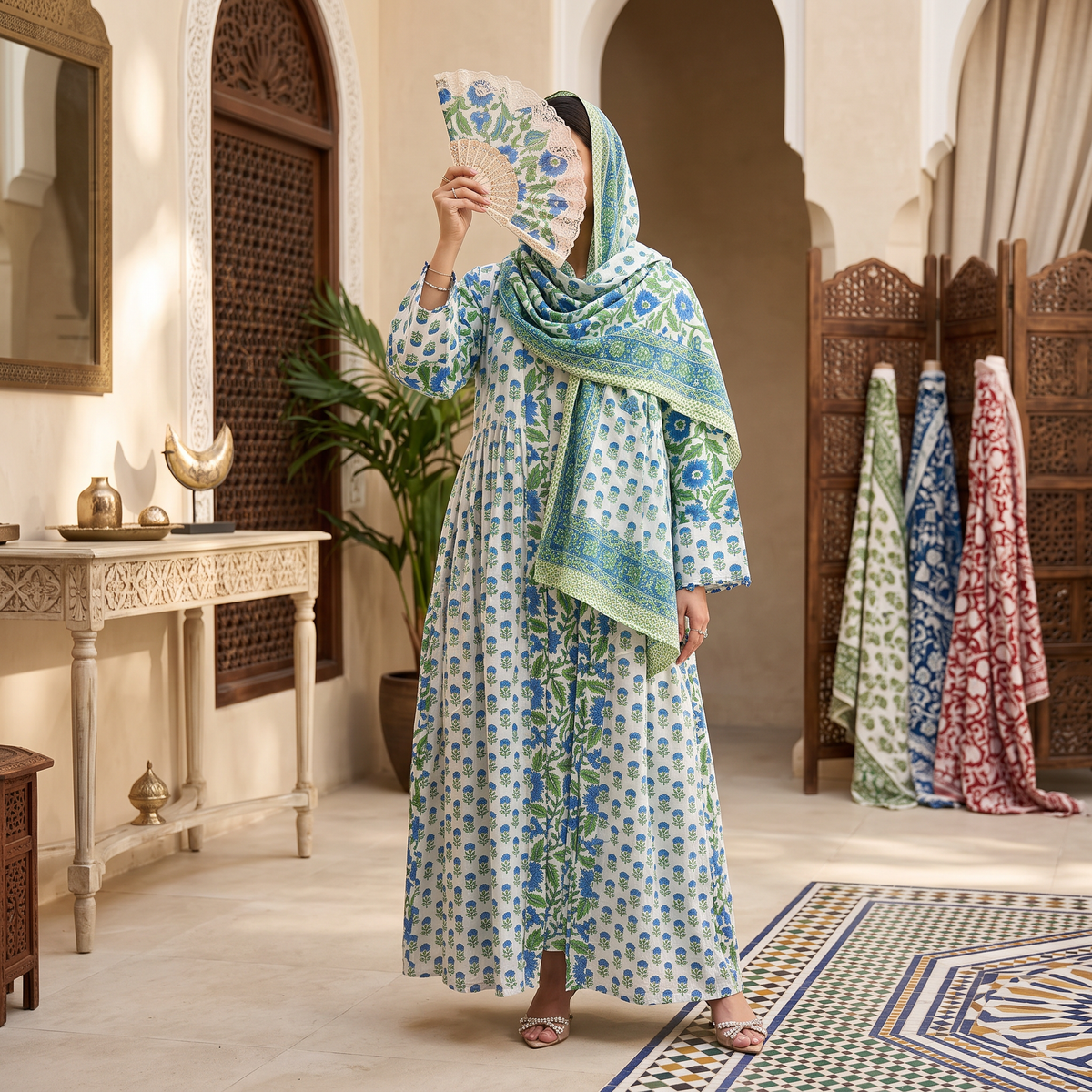 S/M Cotton Abaya & Inner with shaila Set length 57” Long