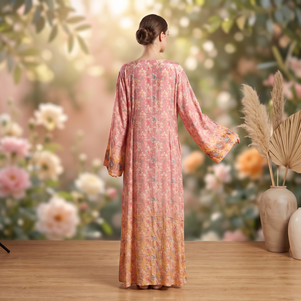 XXL Digital Dress Printed Poly Silk Hand Crystal 56" Long Jalabiya