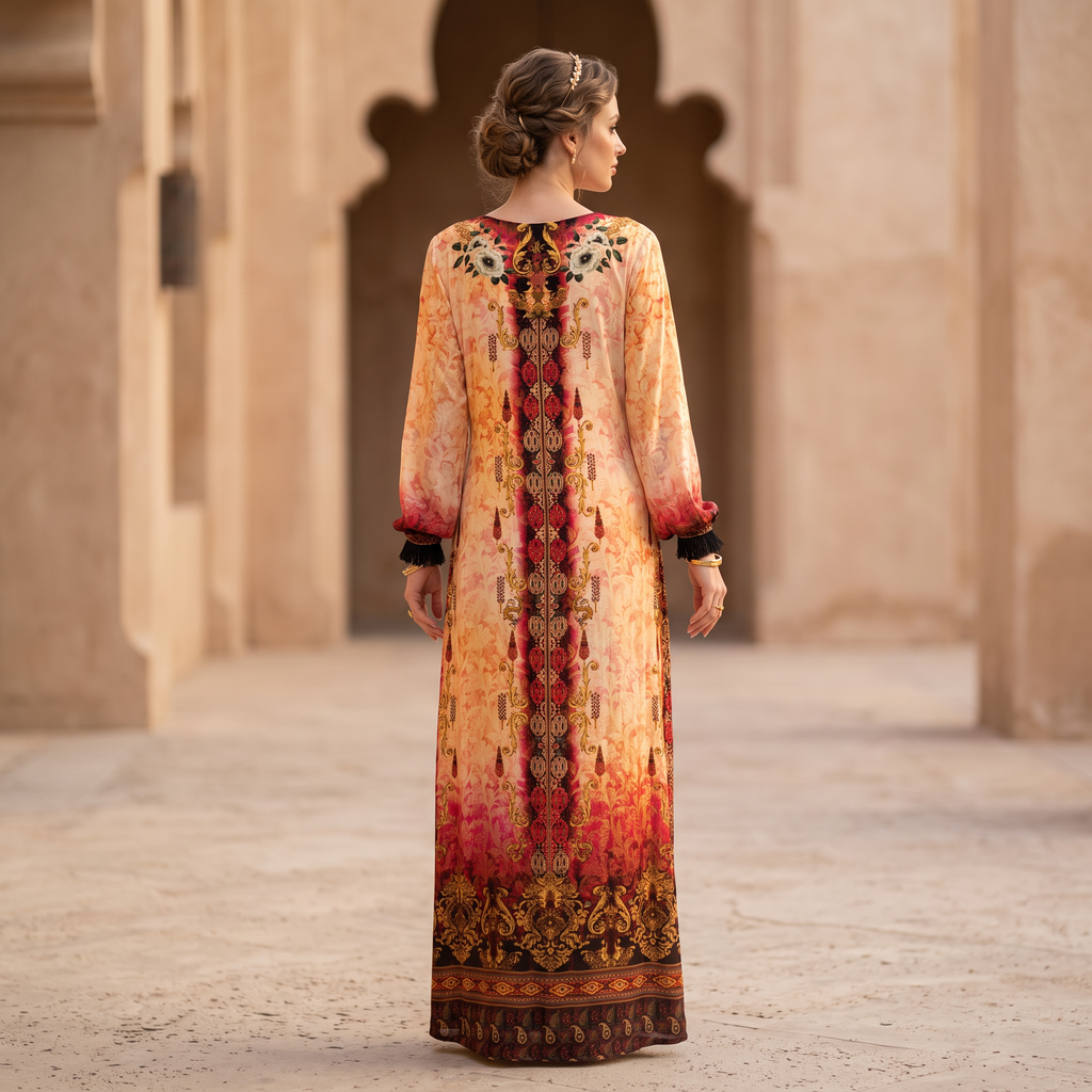 S Digital Dress Printed Poly Silk Hand Crystal 57" Long Jalabiya