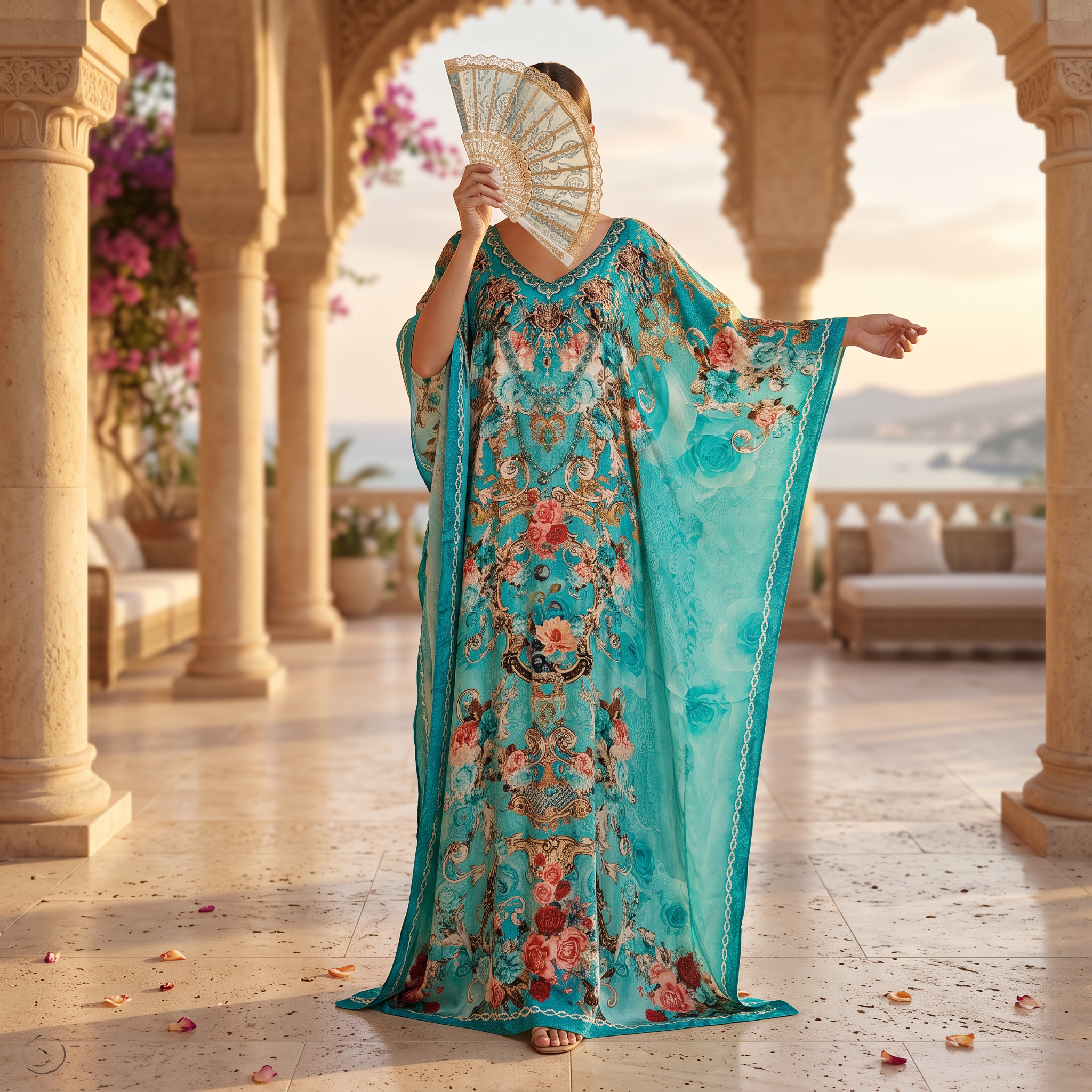 Free Size Digital Dress Kaftan Printed Pure Silk Hand Crystal 59" Long Jalabiya